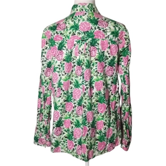Charter Club Luxury Linen Bright Pineapple Print Roll Tab Sleeves Size Medium - Picture 7 of 10
